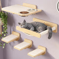 Cat Wall Shelves - Wall Mounted Cat Shelves with Feeding Station | Natural Wood Finish, Solid Pinewood, Beige Carpet, Supports Up to 33 lbs, Stainless Bowls, Dog-proof, Lounging, Climbing