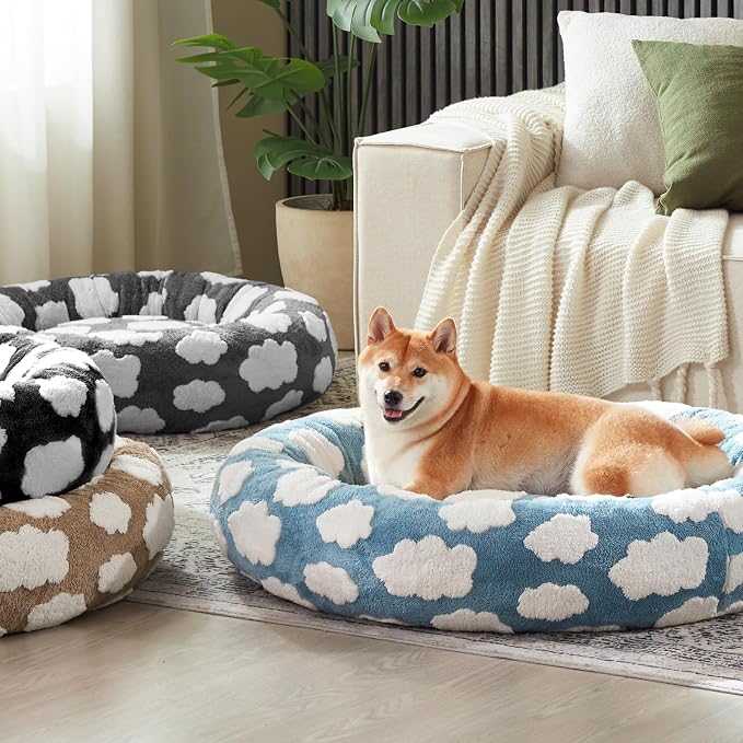 JOEJOY Jacquard Donut Round Small Dog Beds,Blue 23x23x7in, Removable Washable Cover, Cute Pattern, Ultra Soft Fluffy Calming Pet Bed with Thick Supportive Bolster