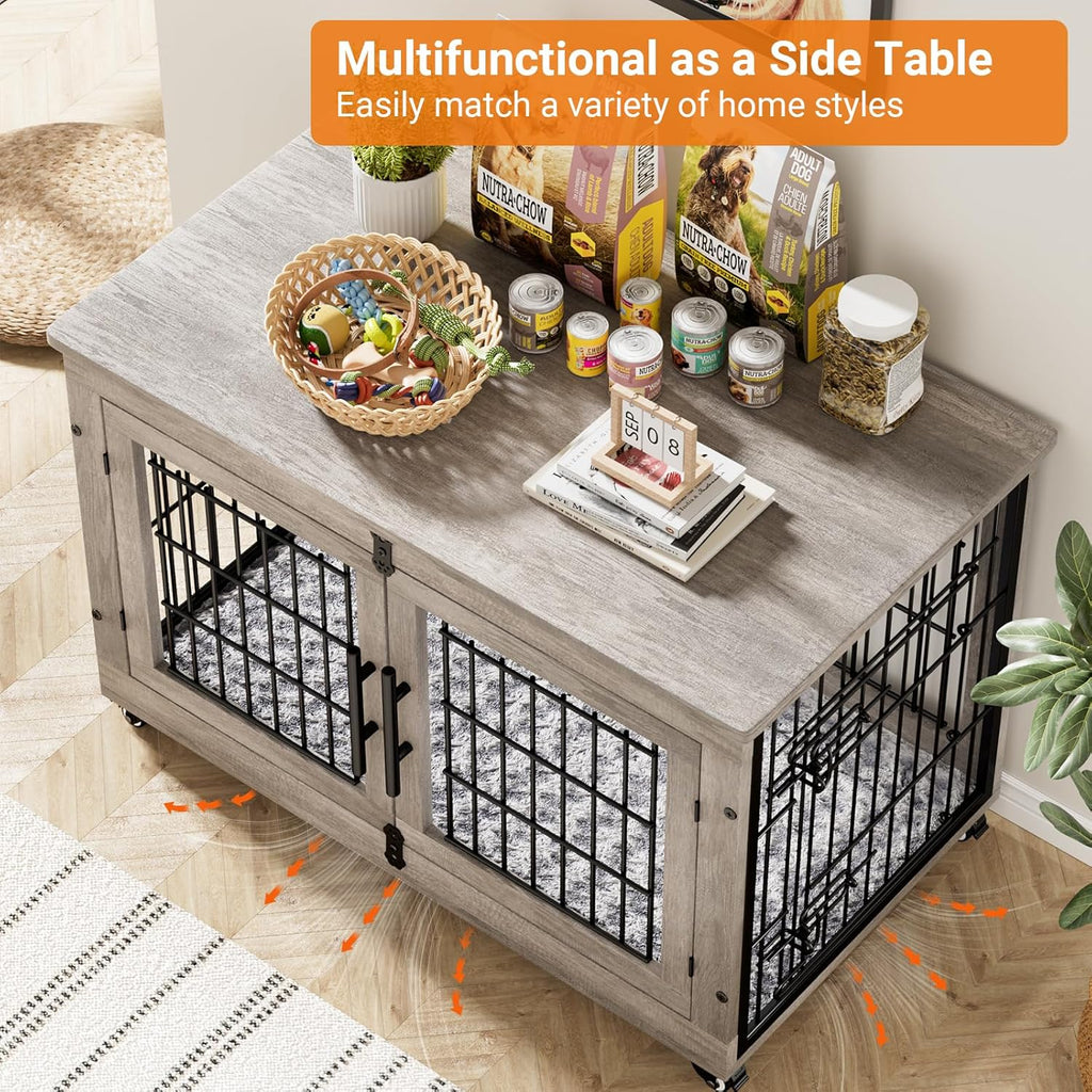 Lulive Dog Crate Furniture Set of 2, Dog Kennel Indoor Double Doors Wooden Dog Cage, 38'' Heavy Duty Dog Crate with Cushion & Wheels, End Table Pet House Chew-Resistant Up to 70 lb, Grey