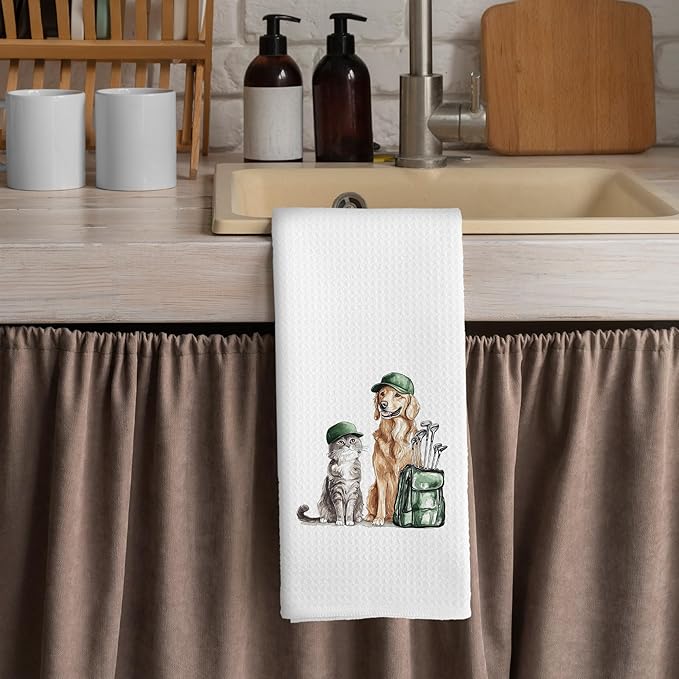 Golf Dog Cat Kitchen Towels - Golden Retriever Dish Towels, Sports Gifts, Pet Golf Club Decorative Absorbent Dishcloths Hand Towels for Kitchen Gym Spa Decor 16x24 Inches