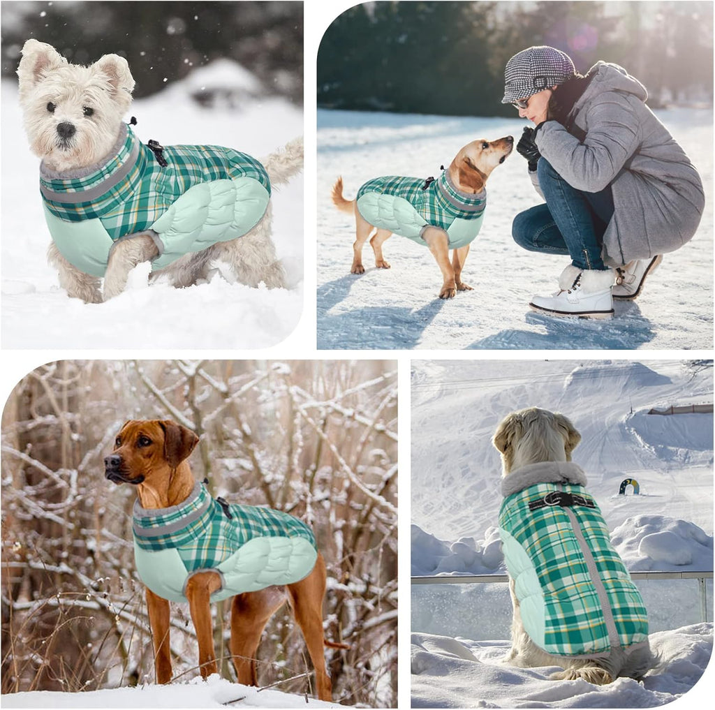 FUAMEY Dog Coat for Medium Dogs,Waterproof Dog Winter Jacket with Harness Built in Puppy Cold Weather Coats Reflective Pet Vest with Zipper Warm Fleece Dogs Snowsuit Windproof Green Plaid M