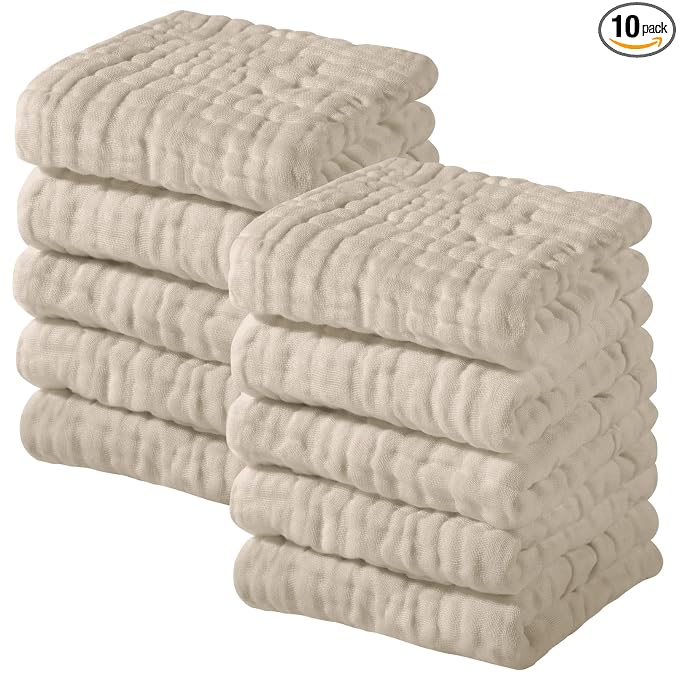 Yoofoss Muslin Baby Washcloths 100% Cotton Face Towels 10 Pack Wash Cloths for Baby 12x12in Soft and Absorbent Baby Wipes (Apricot)