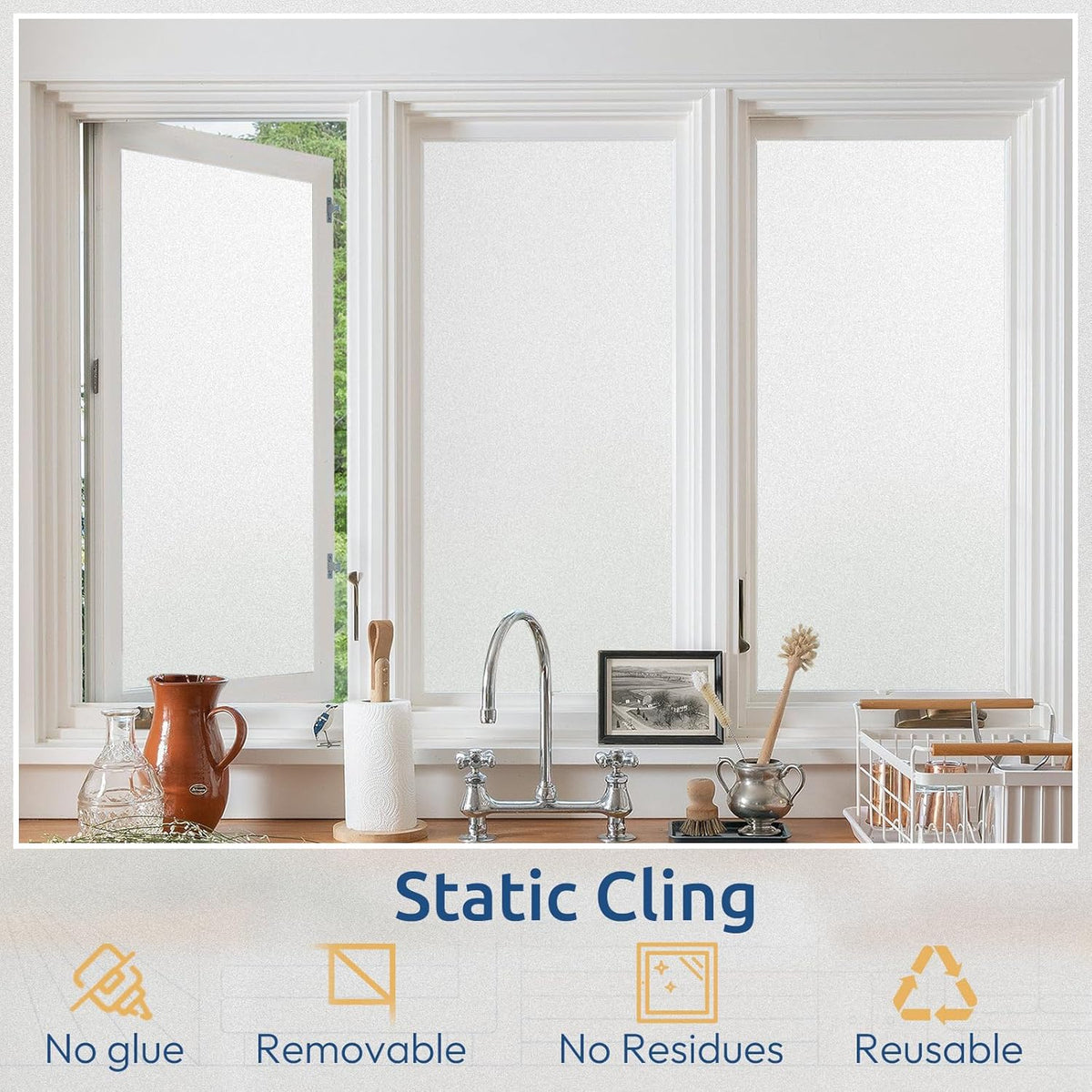 rabbitgoo Window Privacy Film, Non-Adhesive Frosted Glass Window Film for Bathroom, Static Cling Heat Blocking Stickers for Home Indoor Opaque Frosting Coverings House Tint, Matte White 29.5" x 157"