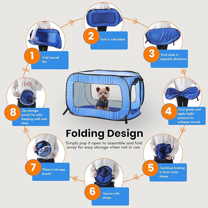 Beatrice Home Fashions Portable, Collapsible, Pop Up Kennel Travel Cat and Dog Crate, 36" L x 22" W x 22" H, Blue