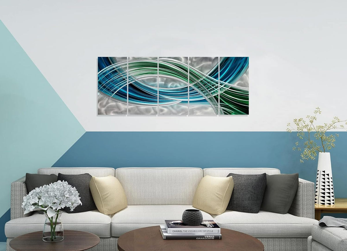 Yihui Arts Abstract Metal Wall Art - Hand Crafted 5 Pieces Panels Large Big Blue Teal Silver Unique 3D Aluminum Modern Contemporary Home Accent