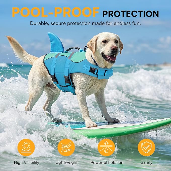 Shark Dog Life Jacket, Dog Life Vests for Boating, High Buoyant Pet Life Vest for Swimming, Adjustable Easy On Pet Life Jackets for Small, Medium, Large Dogs (Pool Blue,M)