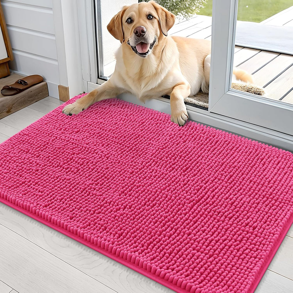 OLANLY Dog Door Mat for Muddy Paws 36x24, Absorbs Moisture and Dirt, Absorbent Non-Slip Washable Doormat, Quick Dry Chenille Mud Mat for Dogs, Entry Indoor Entryway Carpet for Inside Floor, Hot Pink