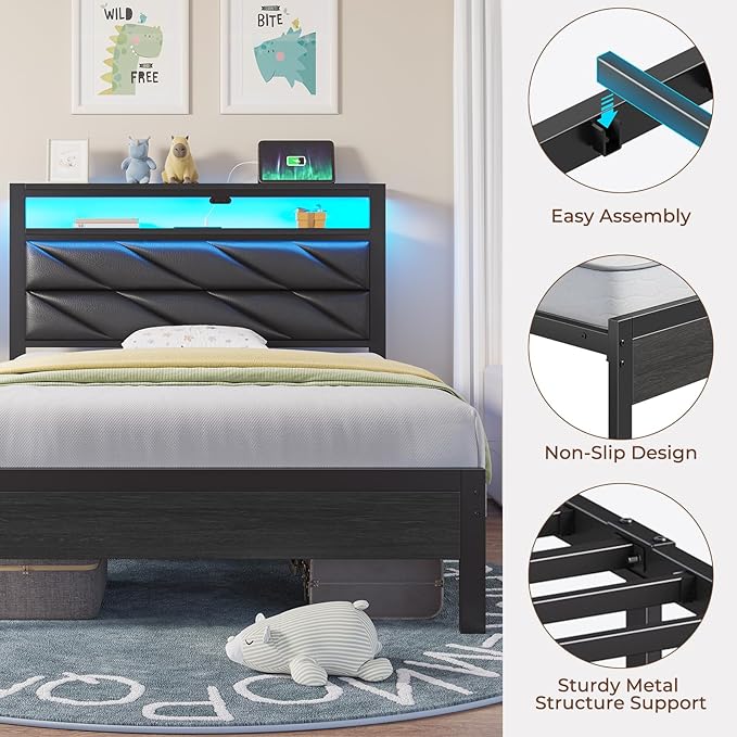 Seventable Twin Bed Frame with Charging Station & LED Lights, Upholstered Headboard with 2-Tier Storage Shelves, Metal Platform with Under Bed Storage, No Box Spring Needed, Easy Assembly, Black