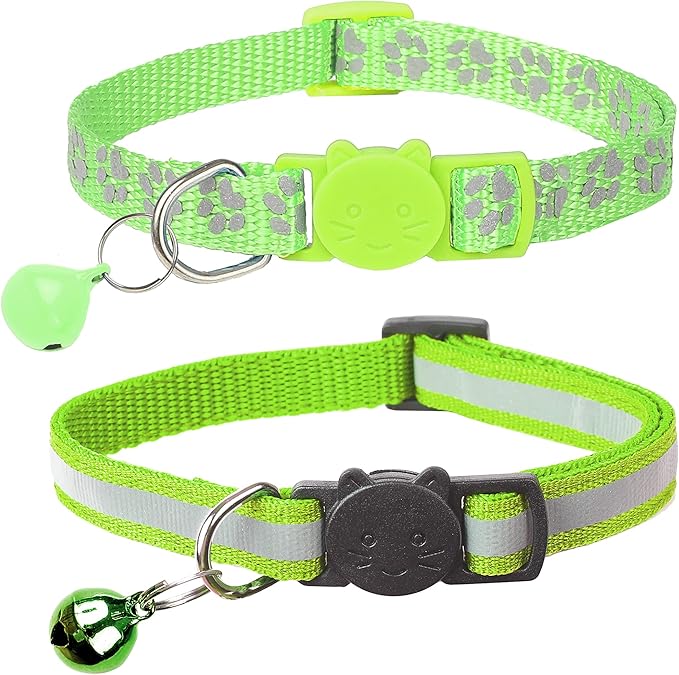 BANMODER 2 Pack Reflective Cat Collar Breakaway with Bell,Personalized Kitten Collars,Adjustable Safety Buckle Collar for Male Cats Girls & Boys (Light Green)