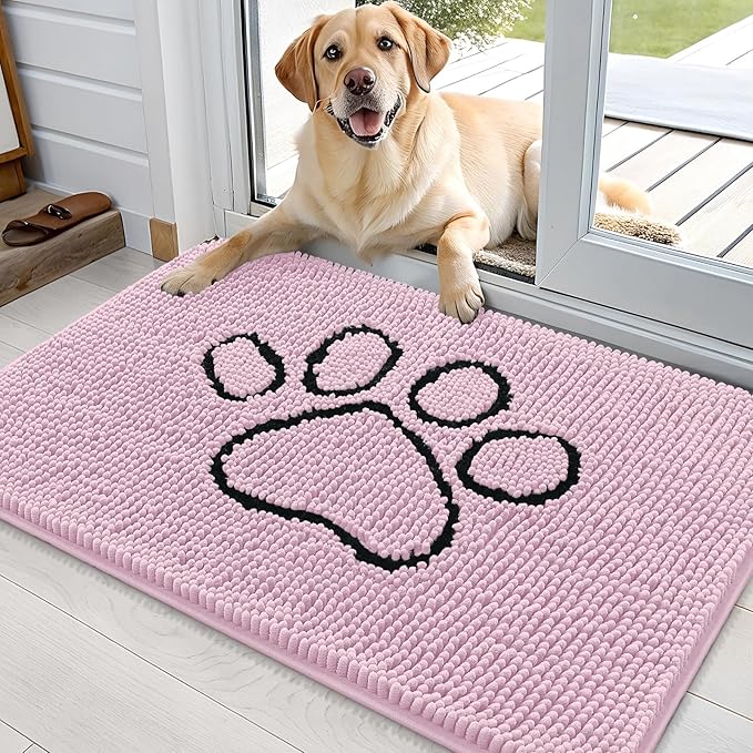 OLANLY Dog Door Mat for Muddy Paws 36x24, Paw Print Design, Absorbs Moisture and Dirt, Non-Slip Washable Doormat, Quick Dry Chenille Mud Mat for Dogs, Entry Indoor Entryway Carpet, Dusty Rose