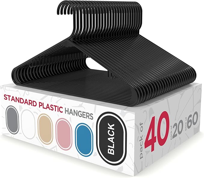 Sharpty Plastic Hangers Clothes Hangers for Clothing, Closet, Coats & Shirts - Durable, Thick, Tough & Space Saving - for Everyday Standard Use, Room Essentials & Basics - 40 Pack - Black