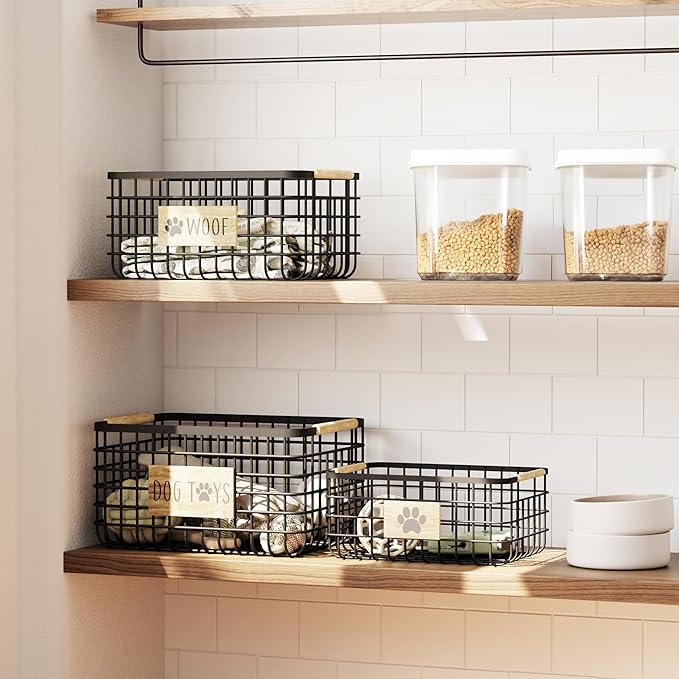 RGI Home Dog Toy Storage Baskets – Set of 3 Rectangular Metal Organizer Bins for Pet and Household Storage, Multi-Sized with Wood Accents, Durable and Rustic, Antique Gray Metal