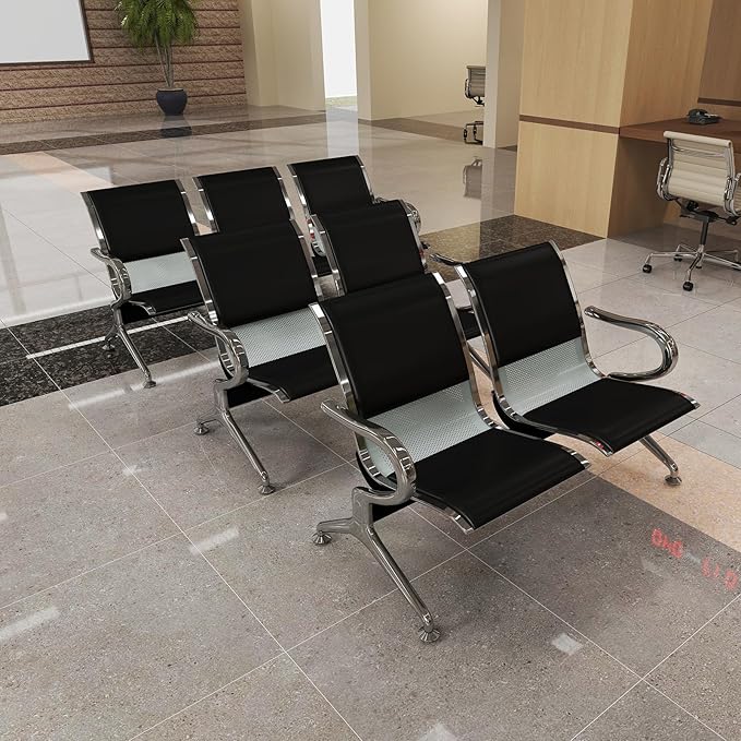 Kinfant 7-Seat Waiting Room Chairs Set - 3 Pieces PU Leather Office Guest Reception Chair Furniture Bench with Armrest for Waiting Area, Airport, Hospital, Bank, Salon, Barbershop, Black