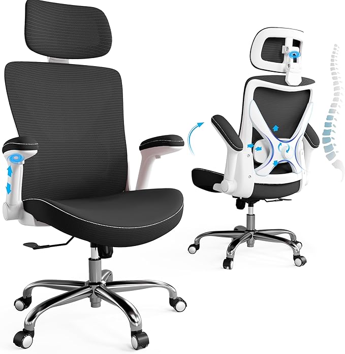 Office Home Ergonomic Desk Chair-Computer X-Shaped Chair Mesh PU Leather with Adjustable Lumbar Support-Executive Chair High Back with Headrest Flip-Up Arms for Long Hours (Light Black)