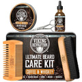 Viking Revolution Ultimate Beard Kit - Coffee Whiskey, 5 Pcs with Metal Box | Richly Scented Coffee Whiskey Products - Includes Beard Brush, Beard Comb, Beard Balm, Beard Oil and Moustache Scissors