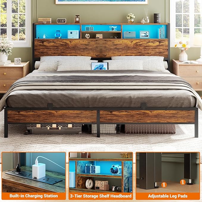 Aheaplus Headboard for King Size Bed with Storage, Headboards with Outlets, USB Ports and LED Light, King Size Head Board, Height Adjustable, Reversible, Sturdy and Stable Headboard, Rustic Brown