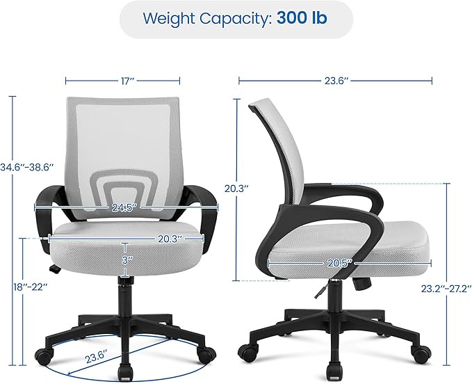 Yaheetech Ergonomic Office Chair Mid Back Computer Chair Mesh Desk Chair with Lumbar Support Armrest Executive Rolling Swivel Adjustable Task Chair for Adults, Grey