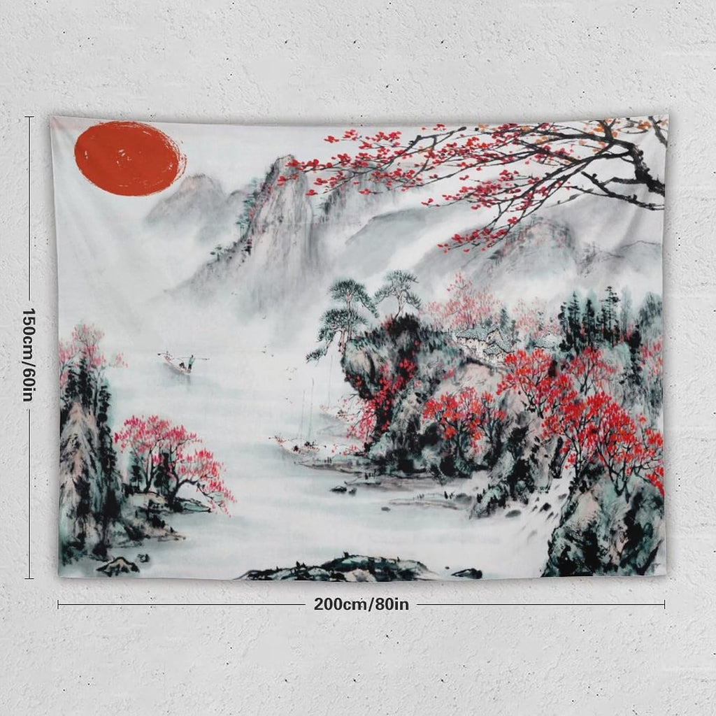 Cherry Blossoms Tapestry,Japanese Red Landscape Asian Watercolor Abstract Art Tapestry, Asian Japanese Wall Tapestry, Nature Landscape Tapestries for Bedroom Living Room Decor 80"x60"