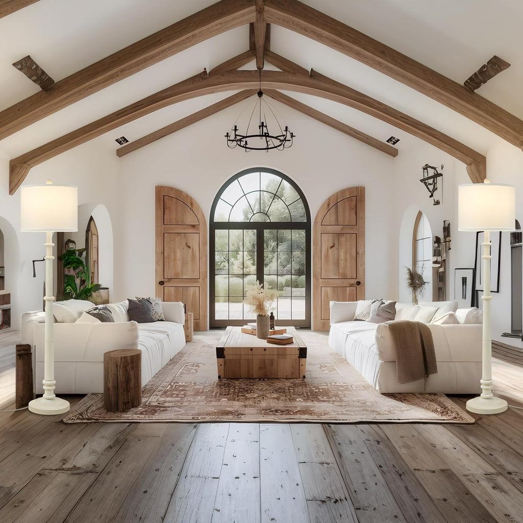 Floor Lamps for Living Room - 60" Resin Farmhouse Floor Lamp with 3 Color Temperatures - Vintage Standing Lamp Reading Light with Linen Shade Retro Tall Lamp for Bedroom Office, Almond White