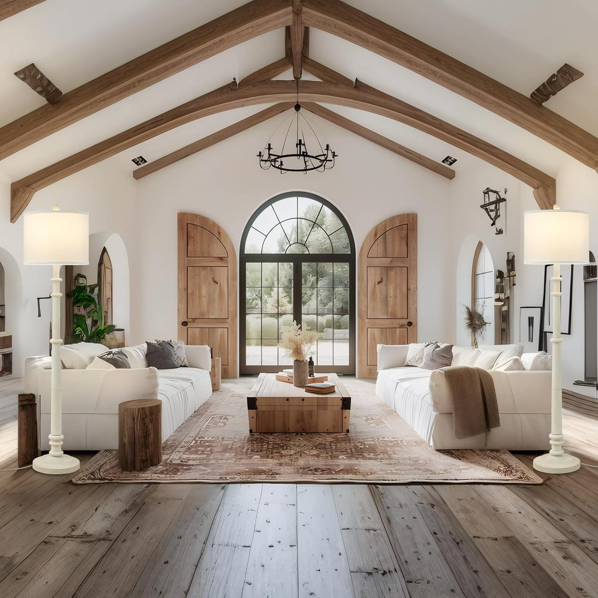 Floor Lamps for Living Room - 60" Resin Farmhouse Floor Lamp with 3 Color Temperatures - Vintage Standing Lamp Reading Light with Linen Shade Retro Tall Lamp for Bedroom Office, Almond White