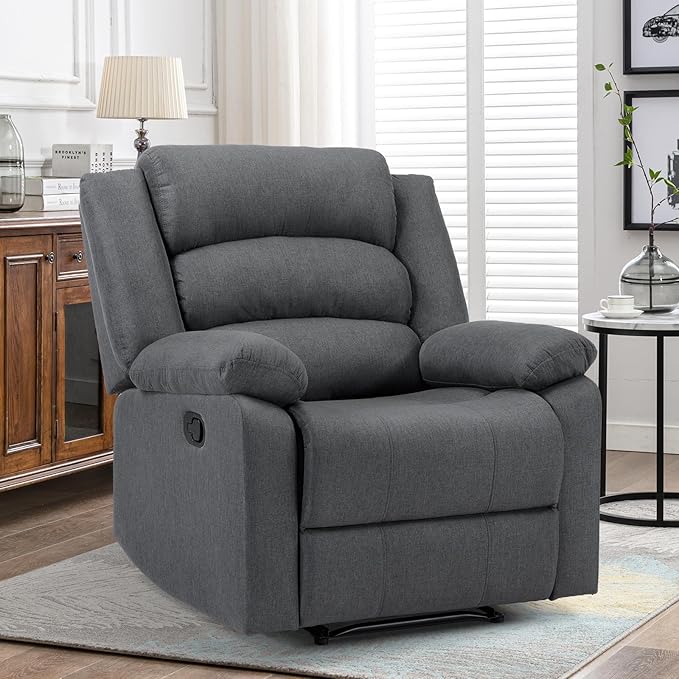 ANJ Fabric Recliner Chair with Overstuffed Arms and Back, Comfy Grey Manual Recliner for Adults, Living Room Single Sofa