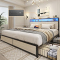 Lifezone King Bed Frame with 2-Tier Storage Headboard, Metal Platform Bed Frame with 4 Storage Drawers, Built in Charging Station & LED, Noise-Free/Metal Support/No Box Spring Needed, Beige