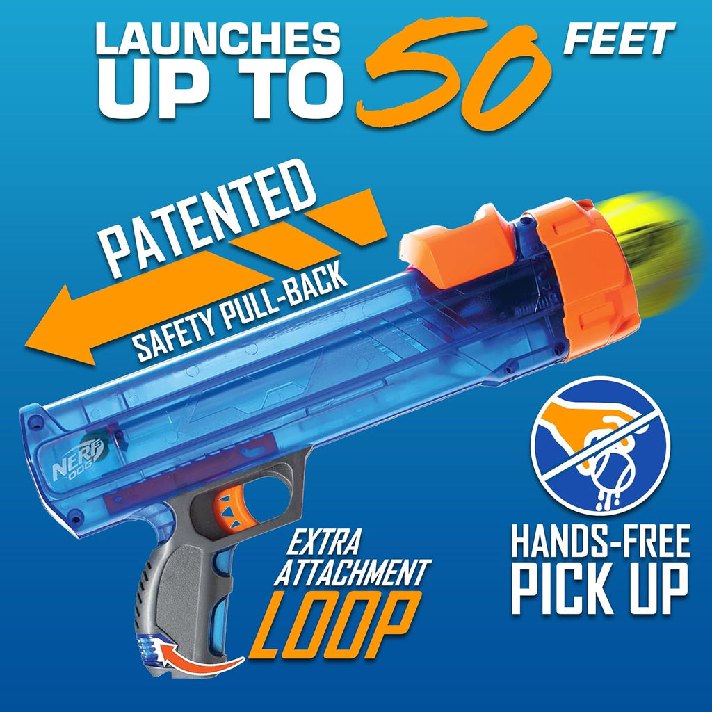 Nerf Dog Tennis Ball Blaster Dog Toy Gift Set, Tennis Ball Dog Fetch Toy Launches up to 50 ft, Dog Ball Thrower for All Breeds Includes Translucent Blue Tennis Ball Launcher and 3 Dog Tennis Balls
