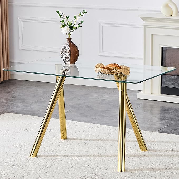 Modern Glass Dining Table for 6, 51.2" Rectangular Dining Table with Tempered Glass Top & Metal Legs, Gold Kitchen Table for Dinner Dining Room Living Room