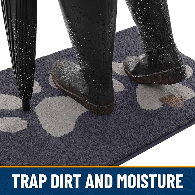 Smiry Dog Door Mat for Muddy Paws, Absorbs Moisture and Dirt, Low-Profile Entryway Mat with Non-Slip Backing, Entry Indoor Outdoor Doormat for Inside Floor (30x20 Inches, Dark Grey, Paw)