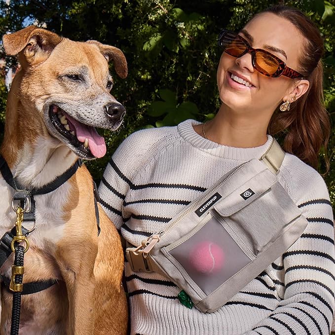 Dog Walk & Train Sling Bag - Hands-Free 2-In-1 Treat Pouch, Poop Bag Holder, Clicker, Phone Pocket - Crossbody/Fanny Pack, Adjustable Strap - Sand
