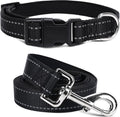 Soft Neoprene Padded Dog Collar and Leash Set for Small Medium Large Dogs, Reflective Durable Nylon Dog Collar with 5ft Leash Easy for Walking, Black,Neck fit 14.0-23.5’’