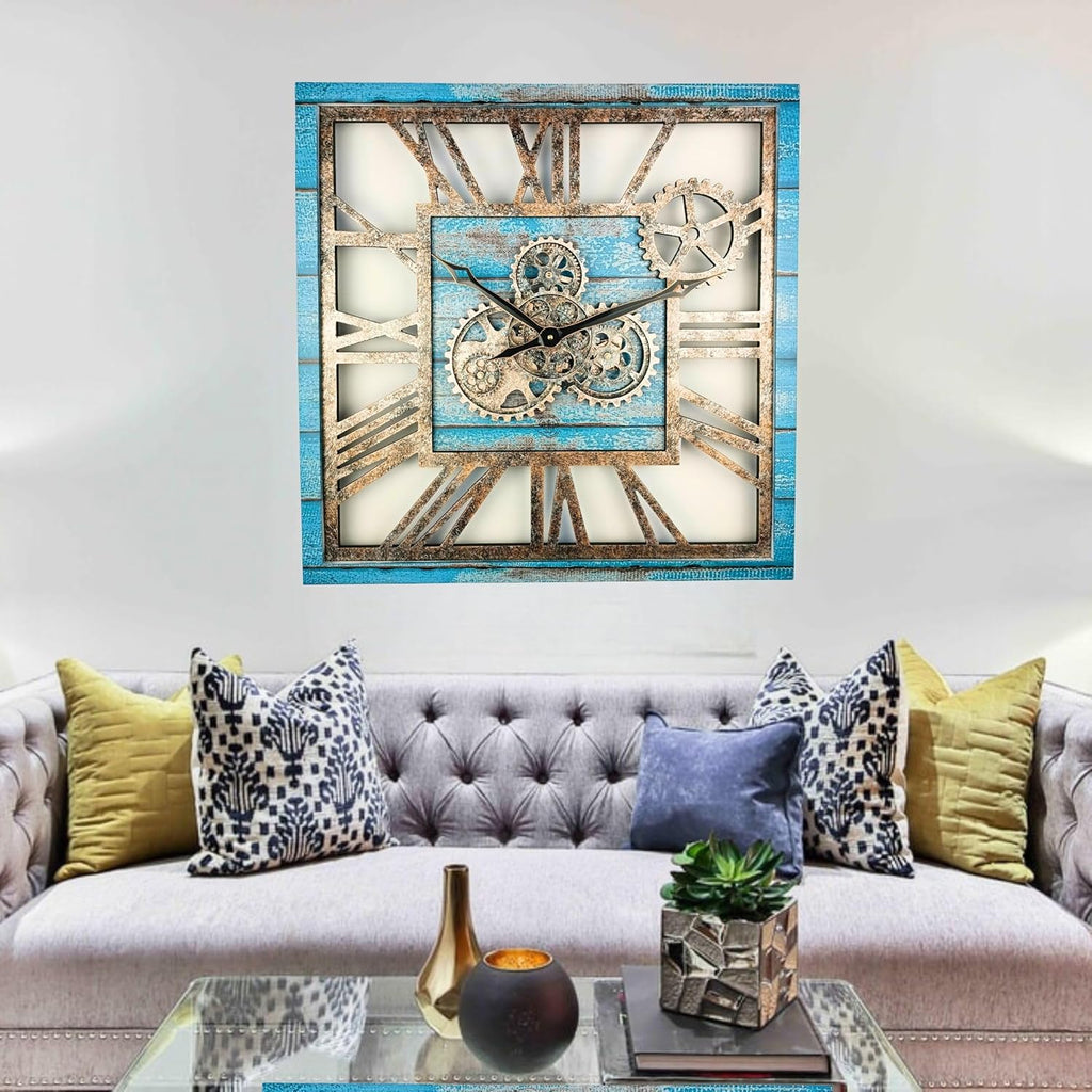 The Gears Clock 24'' Inch Square Real Moving Gear Wall Clock Vintage Industrial Oversized Rustic Farmhouse (Ocean Blue)