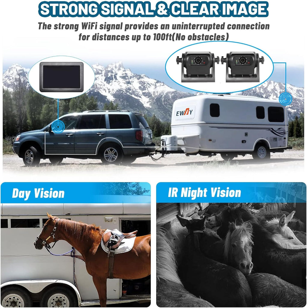 EWAY 2 Magnetic Wireless Backup Cameras HD1080P w/ 5" Split Screen Monitor Portable No Wiring Trailer Hitch IR Night Vision Rear View Camera for Truck Pickup RV Camper 5th Wheel Boat Horse Trailer