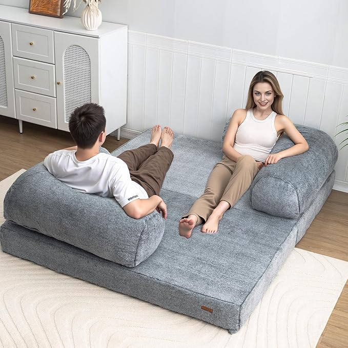 COMAX 4-in-1 Futon Sofa Bed, Queen Size Foldable Couch with L-Shaped Armrests, Convertible Sleeper Chair Bed, Comfortable Lounge Mattress for Living Room and Bedroom, Snow Grey