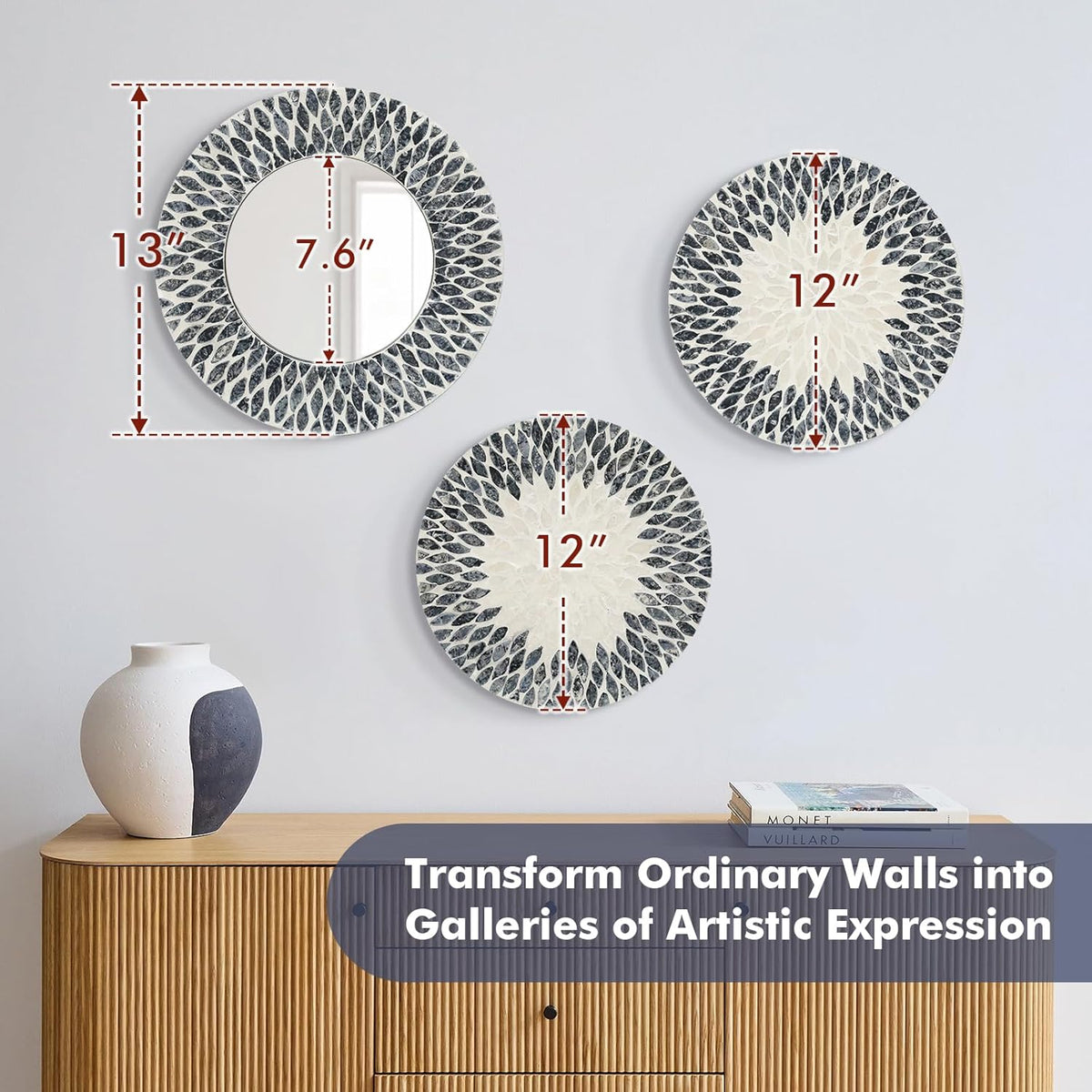 Natural Mother of Pearl Mirror Wall Decor for Bedroom Bathroom, 3PCS Geometric Wall Art Modern Home Office, Handmade Mosaic Art Circle Sculptures for Kitchen Living Dining Room (Black White)