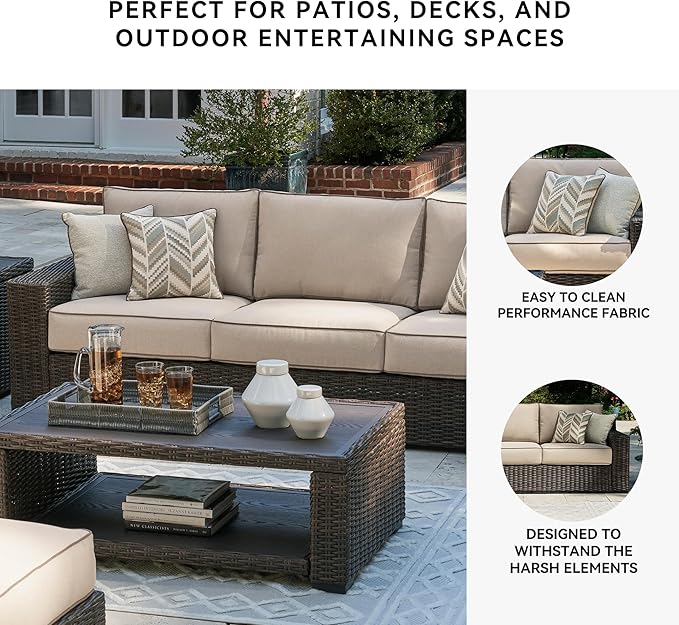 Signature Design by Ashley Coastline Bay Nuvella Weather Resistant Fabric Outdoor Sofa with Cushion and 4 Throw Pillows, Beige & Dark Brown