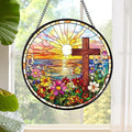 Cross Flower Stained Glass Window Hanging Gift, 7.8″ Sun Catchers Indoor Window Decor, Decorative Suncatchers Home Garden Art Religious Gift for Thanksgiving Christmas Housewarming