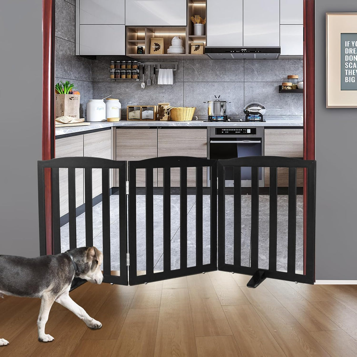 ZJSF Foldable Freestanding Indoor Dog Gate for House Wood Long Pet Gates Dog Fence for Stairs Puppy Gates for Hallways, Puppy Gate,Support Feet Included, Black, 24 "Height-3 Panels