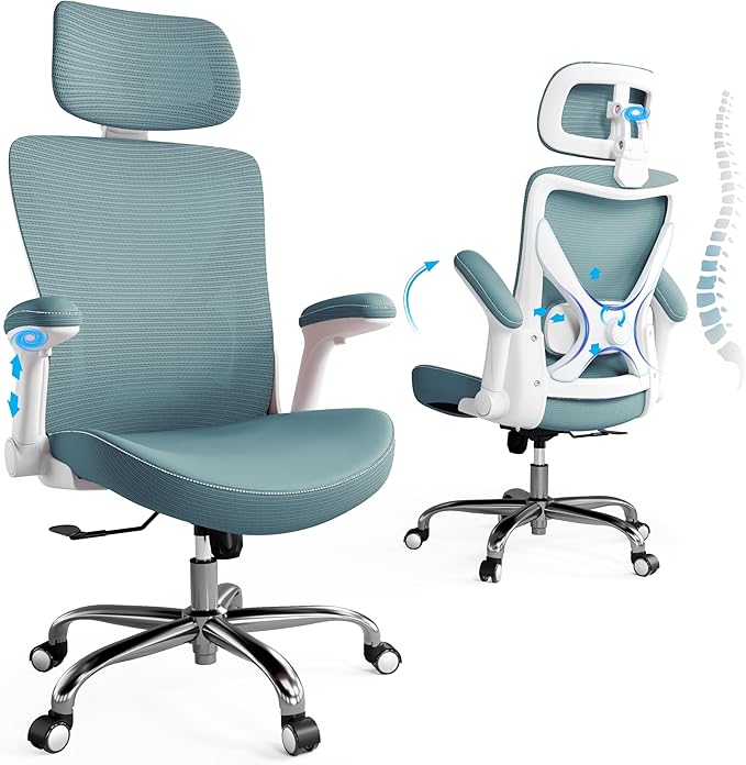 Office Home Ergonomic Desk Chair-Computer X-Shaped Chair Mesh PU Leather with Adjustable Lumbar Support-Executive Chair High Back with Headrest Flip-Up Arms for Long Hours (Sky Blue)