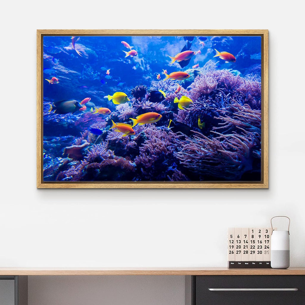 wall26 Framed Canvas Print Wall Art Purple Blue Vibrant Anemone Coral Reef Fish Nature Animals Realism Rustic Scenic Landscape Wilderness Colorful for Living Room, Bedroom, Office - 24"x36" Natural