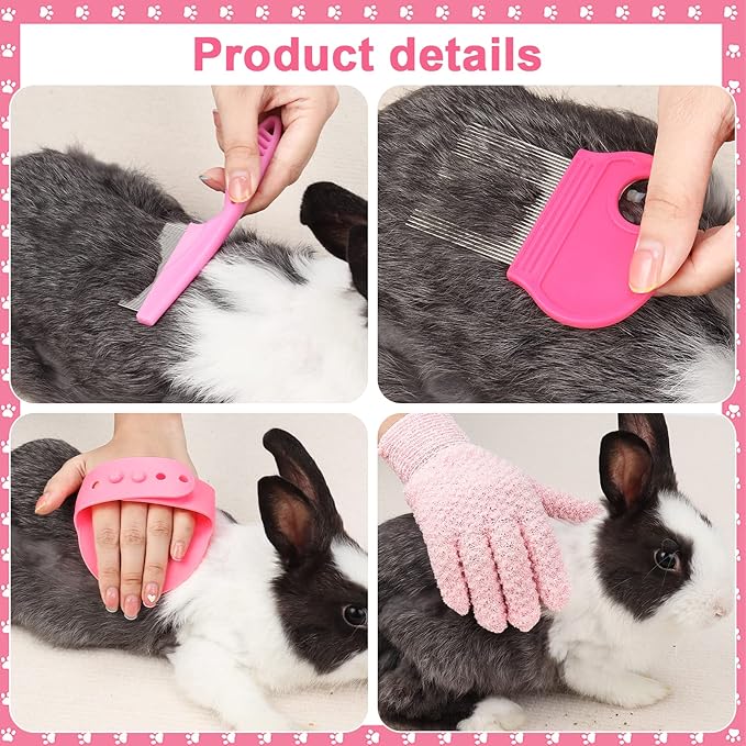 VCZONE Pink Small Animal Grooming Kit with Nail Clipper, Flea Comb, Shampoo Brush, Slicker Brush, Massage Glove for Rabbits