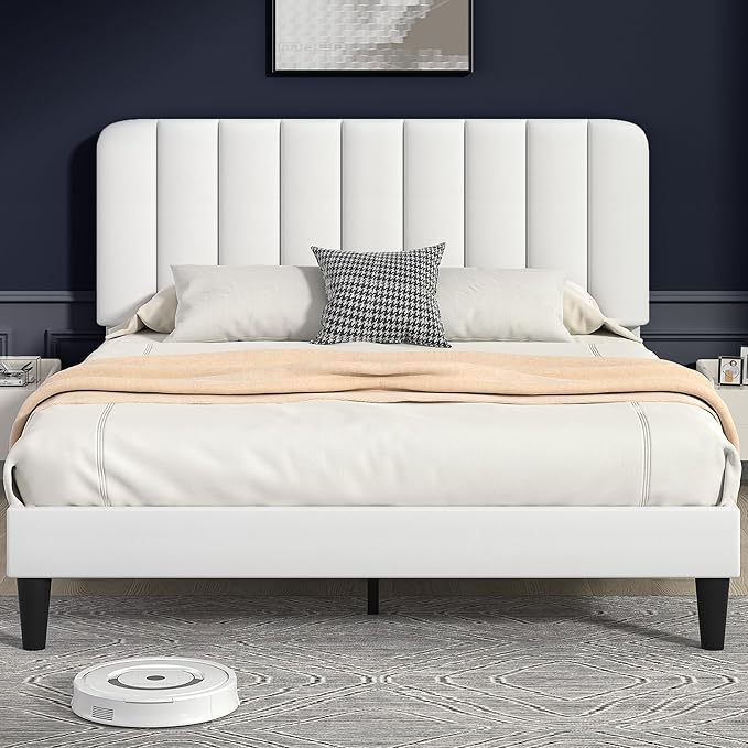 VECELO Queen Size Bed Frame with Upholstered Headboard, Velvet Platform Bedframe Mattress Foundation, Strong Wood Slat Support, No Box Spring Needed,White