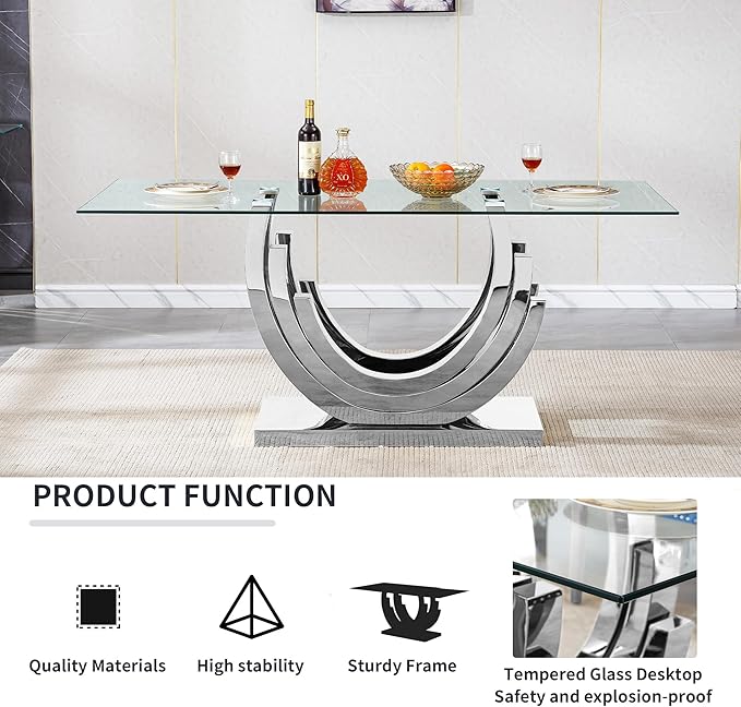 Goujxcy 70" Modern Glass Dining Table for 6-8, Luxury Silver Glass Dining Room Table with Mirrored Ring-Shape Stainless Steel Base, Rectangle Kitchen Dinner Tables for Dining Room Kitchen