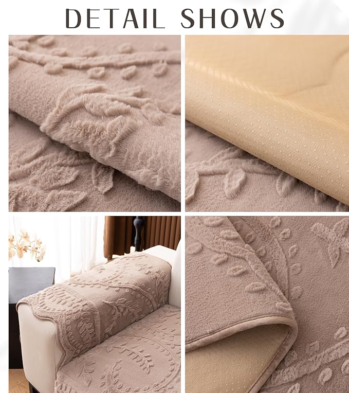 Fuzzy Rabbit Plush Sofa Cover Cozy Warm Sofa Couch Covers with 3D Jacquard Leaf Pattern Non-Slip Easy-to-Install Shaggy Sofa Slipcover Prefect for Kids Dogs Cats Cats(Cream Coffee,36"x102")