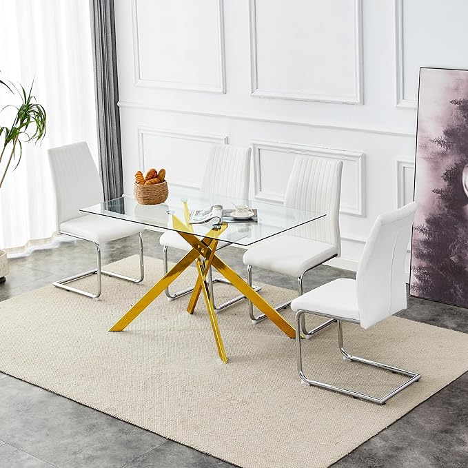 51.2" Glass Dining Table, Modern Kitchen Table for 4-6 People, Contemporary Rectangular Dining Room Dinner Tables with Clear Glass Top & Gold Metal X Legs for Kitchen Apartment