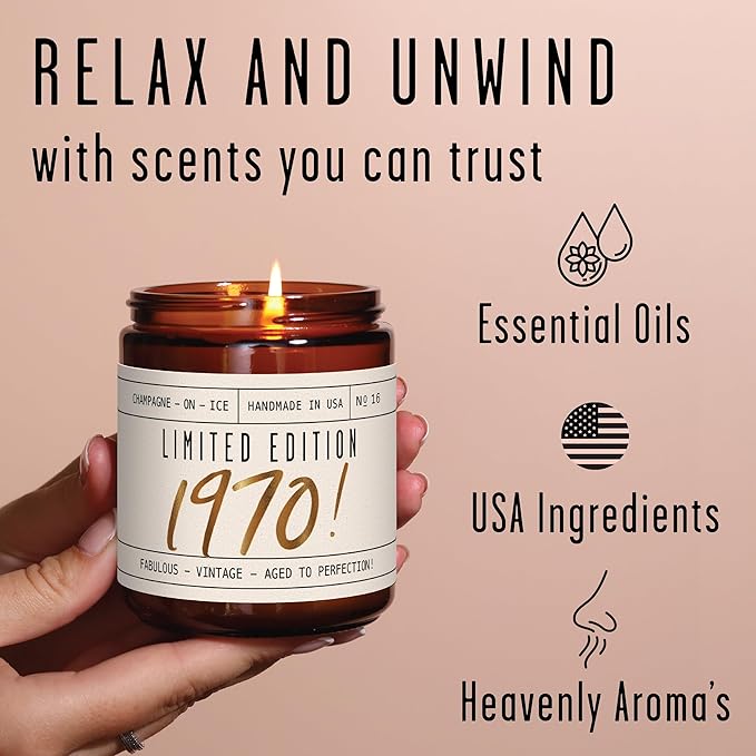 55th Birthday Gifts for Women - 'Limited Edition 1970' Soy Candle, w/Champagne on Ice I 55 Birthday Gifts for Women I 55th Gift for Her Ideas I 9oz Reusable Jar, 50Hr Burn, Made in USA