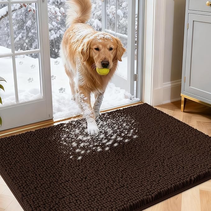 IM HOME Dog Door Mats for Muddy Paws, 30" X 20" Chenille Absorbent Doormat, Non Slip Heavy Dog Rugs for Muddy Paws, Soft Indoor Door Mat for Entryway, Mud Paw, Inside Floor, Brown