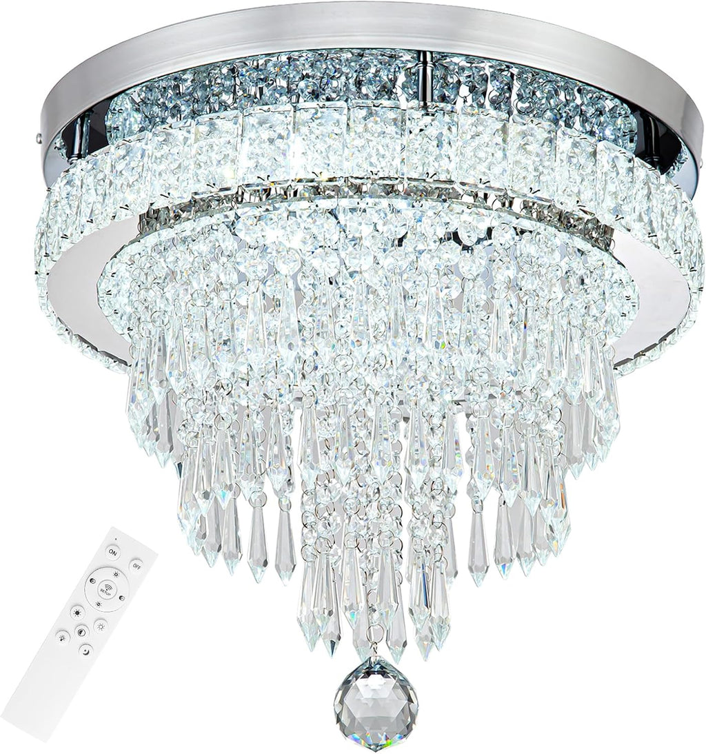 16“ Crystal Chandeliers Round Modern LED Chandelier Light Flush Mount Ceiling Light Fixtures with Remote Control for Bedroom Living Room Dining Room (dimmable)