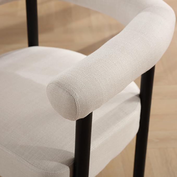Beige Linen Dining Chairs Set of 6, Modern Upholstered Dining Chairs, Curved Backrest Kitchen Dining Room Chairs Accent Chairs Arm Chairs with Black Wood Legs
