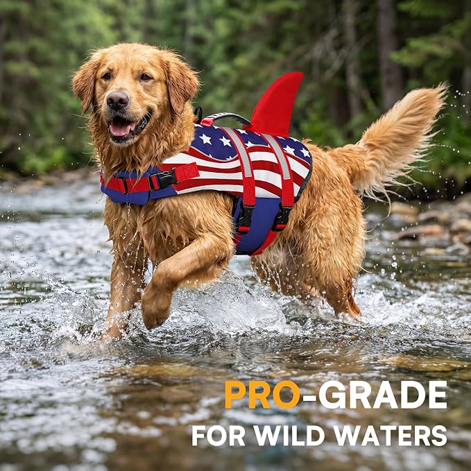 Shark Dog Life Vest for Swimming, Pet Life Vests for Boating, High Buoyant DogLife Jacket, Ripstop High Flotation Swimsui for Small, Medium, Large Dogs (USA Flag,S)